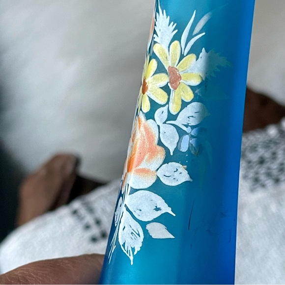 Westmoreland | Vintage | Blue Mist Hand Painted Floral Satin Glass Bud Vase 9.5" - Picture 5 of 13
